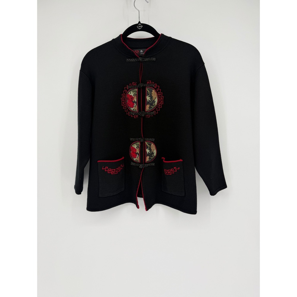Jiahao Womens Black Knit Cardigan Sweater Red Floral Embroidery Frog Closure